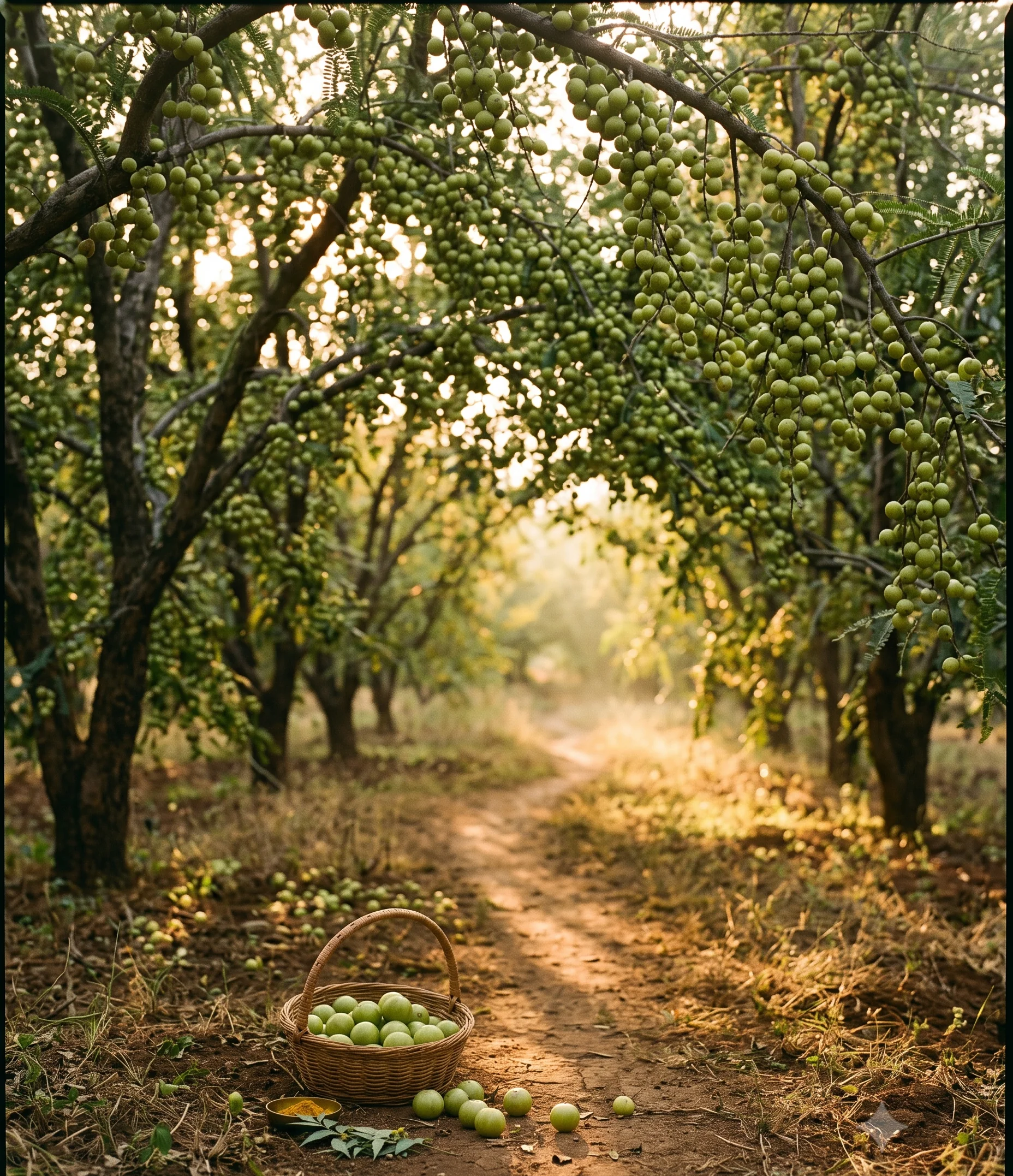 Sarvadnya Krushi organic Amla orchard in Deobhane village, Maharashtra at golden hour